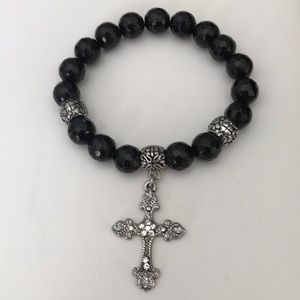 Hand Crafted Faceted Black Onyx Bracelet Featuring a Silver Jeweled Cross